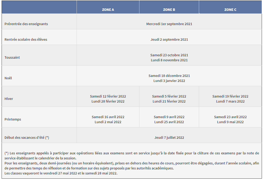 Calendrier scolaire national de l'année 2021-2022